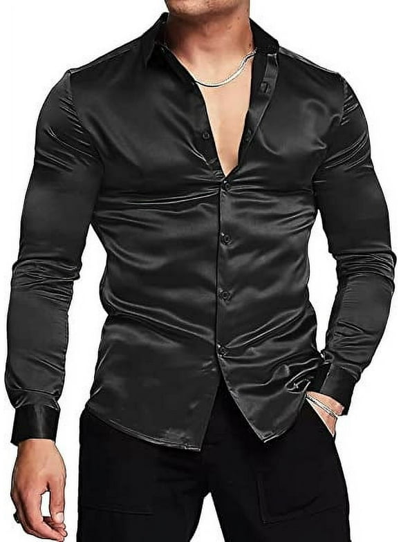 Mens Silk Shirts Long Sleeve-Luxury Shiny Silk Satin Party Dress Shirt Button Up Casual Muscle Fit for Men(Black,L)