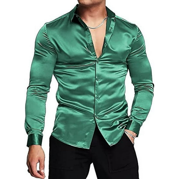 Mens Silk Shirts Long Sleeve-Luxury Shiny Silk Satin Party Dress Shirt  Button Up Casual Muscle Fit for Men(Emerald Green,M) - Walmart Business  Supplies