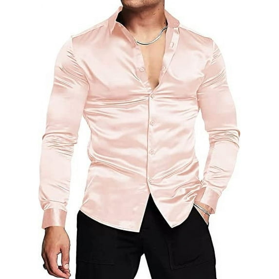Mens Silk Shirts Long Sleeve-Luxury Shiny Silk Satin Party Dress Shirt Button Up Casual Muscle Fit for Men(Khaki,XL)