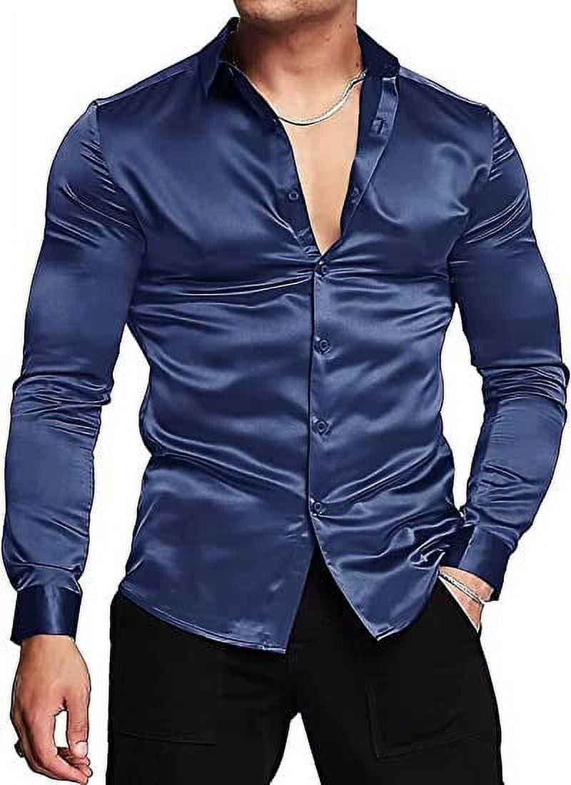 Mens Silk Shirts Long Sleeve Luxury Shiny Silk Satin Party Dress Shirt Button Up Casual Muscle Fit for Men Navy Blue 2XL