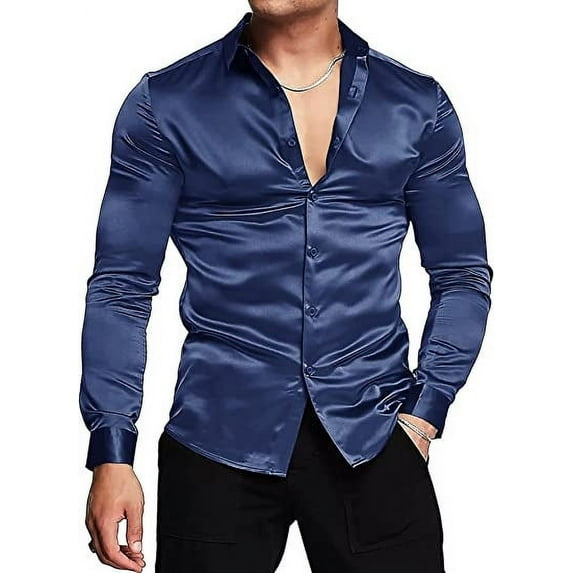 Mens Silk Shirts Long Sleeve-Luxury Shiny Silk Satin Party Dress Shirt Button Up Casual Muscle Fit for Men(Navy Blue,2XL)