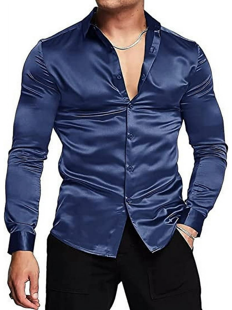 Mens Silk Shirts Long Sleeve-Luxury Shiny Silk Satin Party Dress
