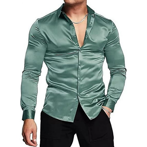Mens Silk Shirts Long Sleeve-Luxury Shiny Silk Satin Party Dress Shirt Button Up Casual Muscle Fit for Men(Olive Green,M)
