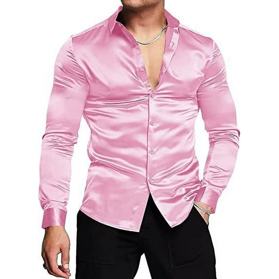 Mens Silk Shirts Long Sleeve-Luxury Shiny Silk Satin Party Dress Shirt Button Up Casual Muscle Fit for Men(Pink,M)