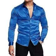Mens Silk Shirts Long Sleeve-Luxury Shiny Silk Satin Party Dress Shirt Button Up Casual Muscle Fit for MenRoyal Blue,L