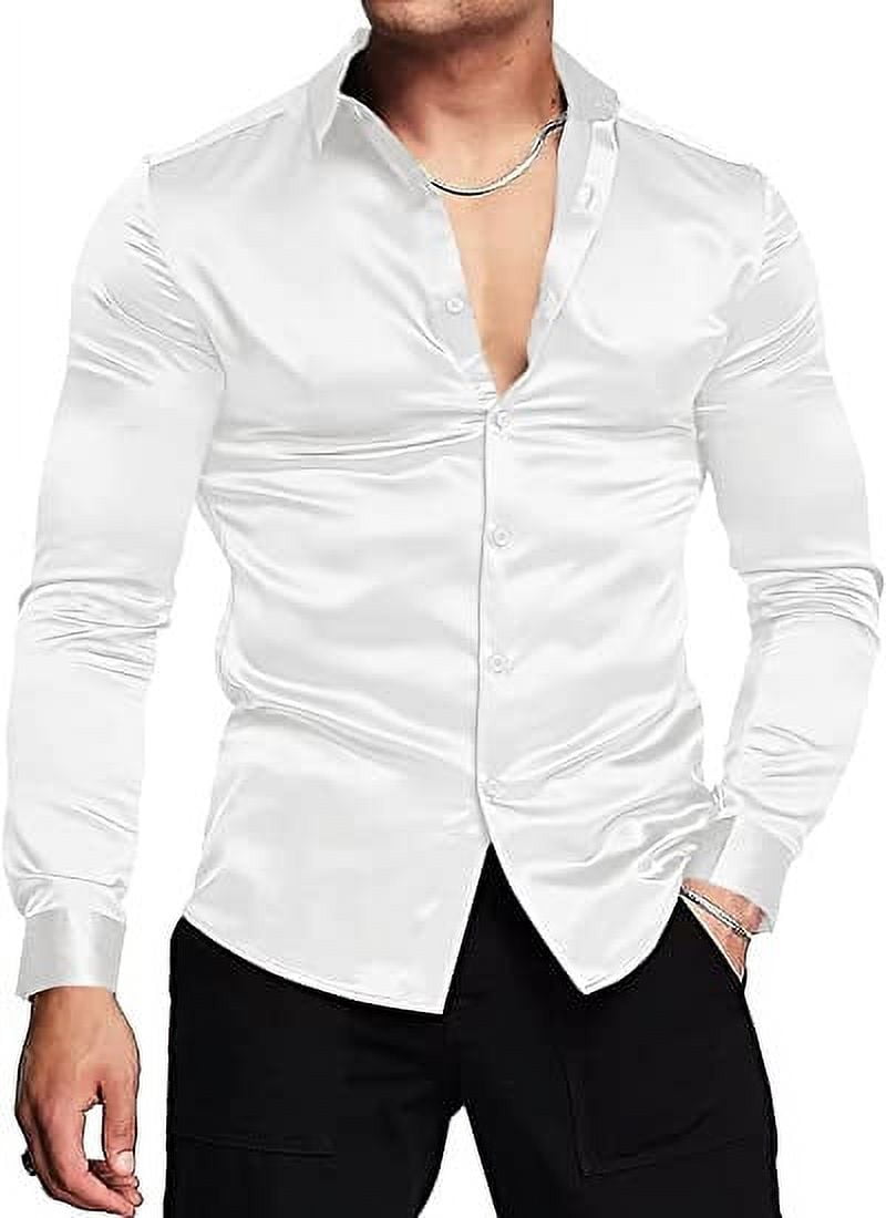 Men Silk White Button Down Shirt Mens Silk Shirts Long Sleeve