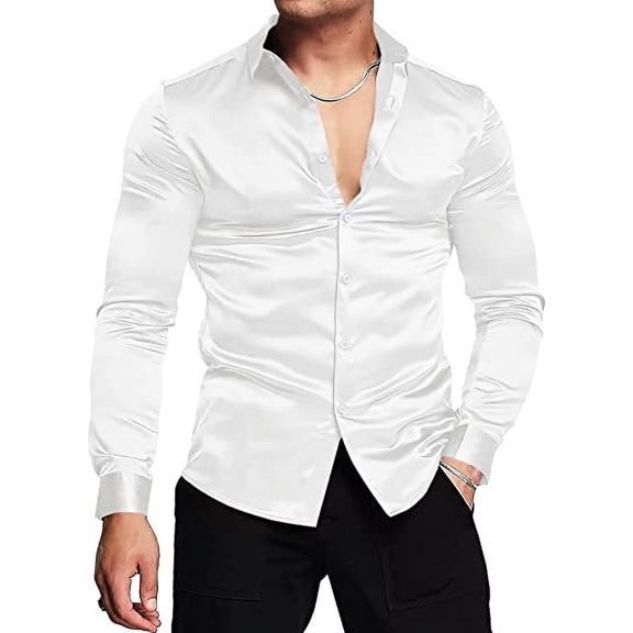Mens Silk Shirts Long Sleeve-Luxury Shiny Silk Satin Party Dress Shirt Button Up Casual Muscle Fit for Men(White,L)