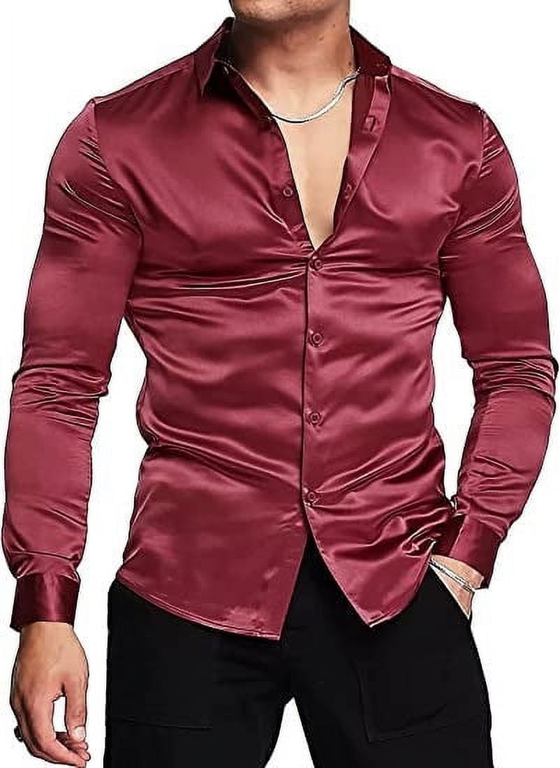 Mens Silk Shirts Long Sleeve-Luxury Shiny Silk Satin Party Dress Shirt  Button Up Casual Muscle Fit for Men(Wine Red,XL) - Walmart Business Supplies