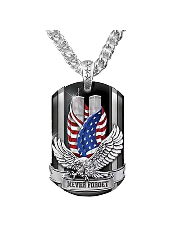 Mens Silver American Eagle w. US Flag Pendant Necklace Punk Biker Jewelry