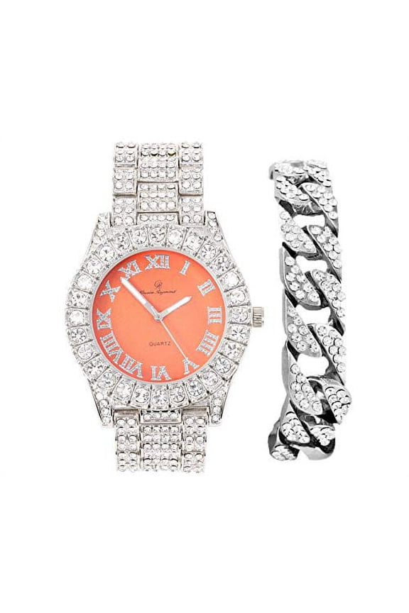 Mens Silver Big Rocks with Roman Numerals Fully Iced Out Colorful Dial Watch w/Bling'ed Out Cuban Shiny Silver Bracelet - ST10327 RN Cuban (SLV Orange New Black)