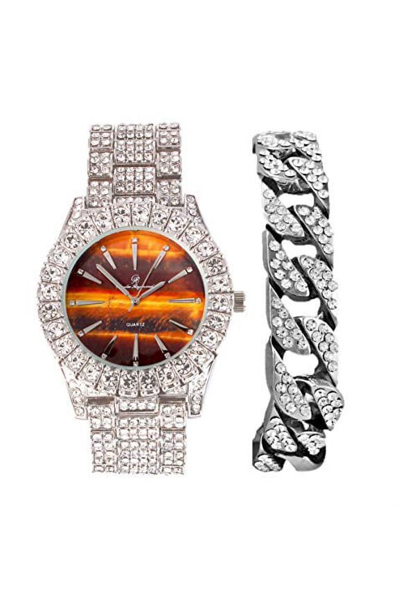 Mens Silver Big Rocks with Roman Numerals Fully Iced Out Colorful Dial Watch w/Bling'ed Out Cuban Shiny Silver Bracelet - ST10327 RN Cuban (ST10236 Tiger Eye SLV)