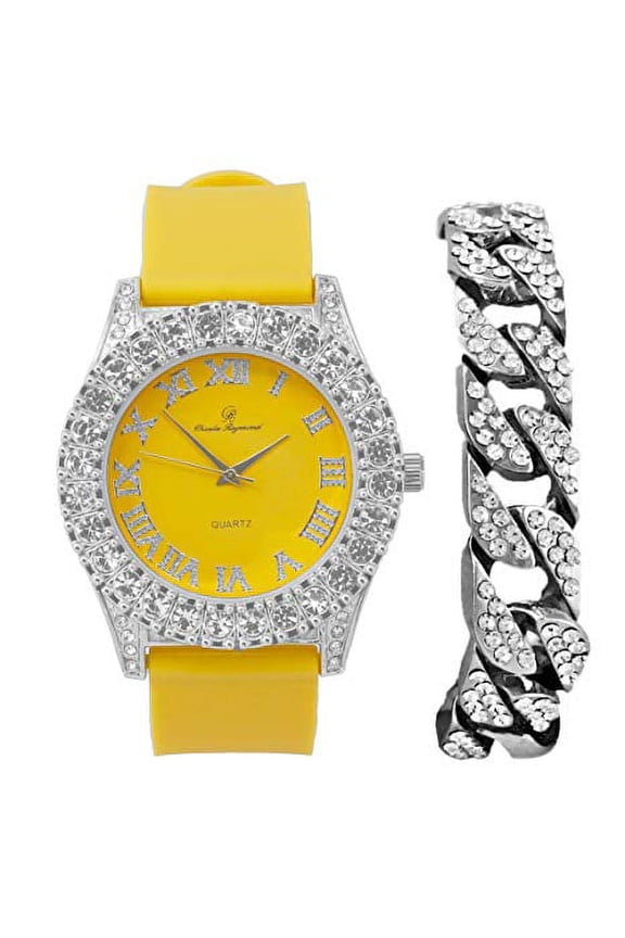 Mens Silver Big Rocks with Roman Numerals Fully Iced Out Colorful Dial Watch w/Bling'ed Out Cuban Shiny Silver Bracelet - ST10327 RN Cuban (ST10357 Silver Yellow)