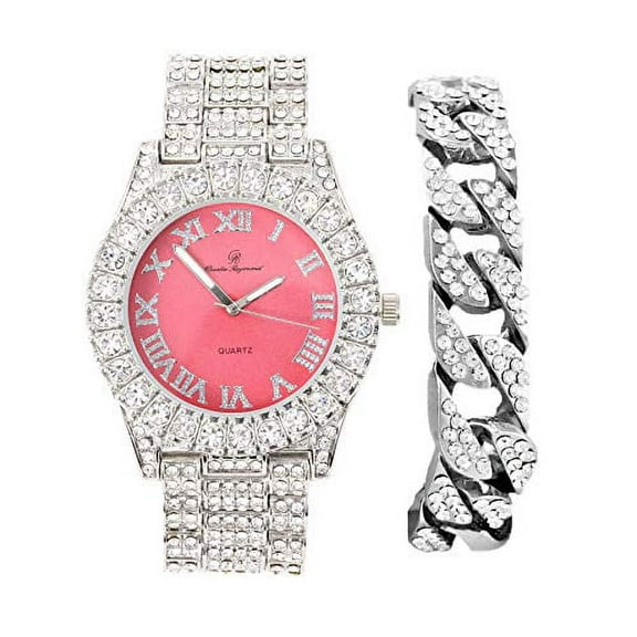 Mens Silver Big Rocks with Roman Numerals Fully Iced Out Colorful Dial Watch w/Bling'ed Out Cuban Shiny Silver Bracelet - ST10327 RN Cuban (Silver AuNoir Red)