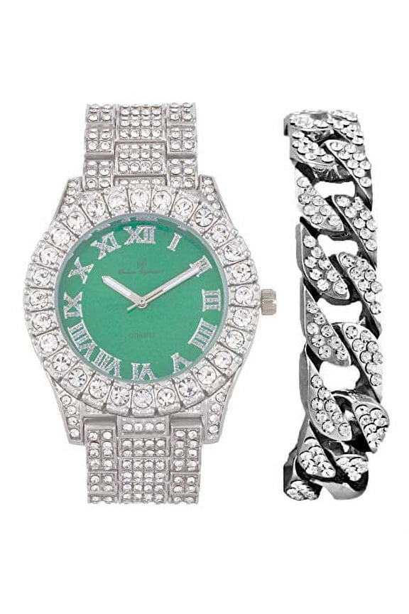 Mens Silver Big Rocks with Roman Numerals Fully Iced Out Colorful Dial Watch w/Bling'ed Out Cuban Shiny Silver Bracelet - ST10327 RN Cuban (Silver Bright Green)