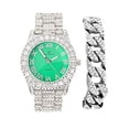 thumbnail image 1 of Mens Silver Big Rocks with Roman Numerals Fully Iced Out Colorful Dial Watch w/Bling'ed Out Cuban Shiny Silver Bracelet - ST10327 RN Cuban (Silver Mint Green), 1 of 5