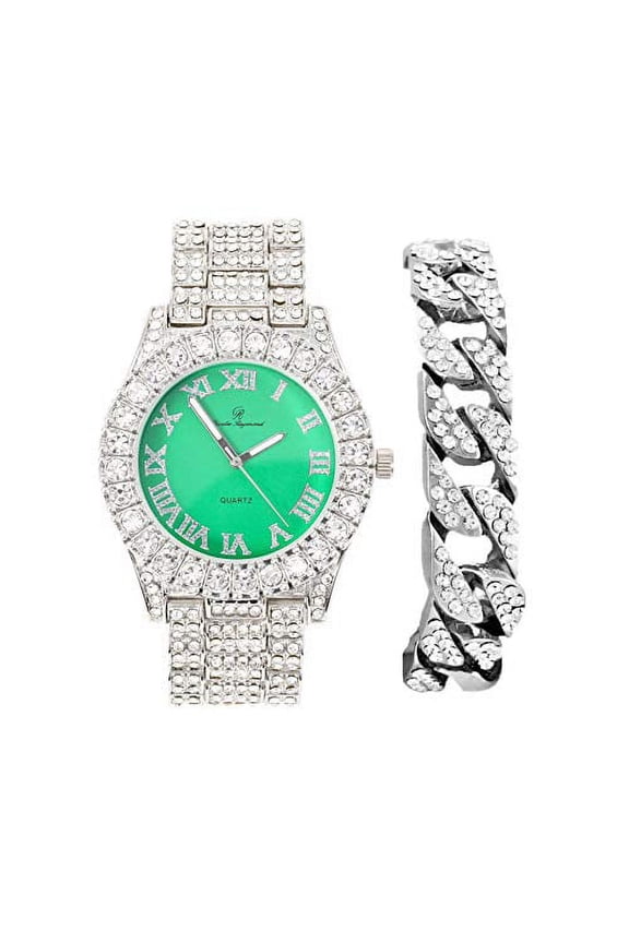 Mens Silver Big Rocks with Roman Numerals Fully Iced Out Colorful Dial Watch w/Bling'ed Out Cuban Shiny Silver Bracelet - ST10327 RN Cuban (Silver Mint Green)