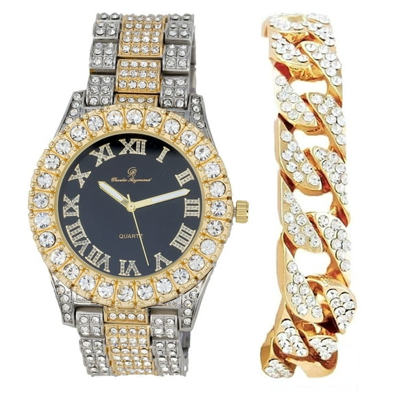 Mens Silver Big Rocks with Roman Numerals Fully Iced Out Colorful Dial Watch w/Bling'ed Out Cuban Shiny Silver Bracelet - ST10327 RN Cuban (TT Black Dial)