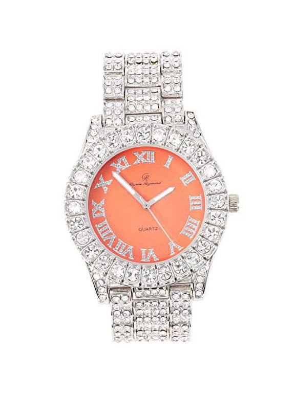 Mens Silver Big Rocks with Roman Numerals Fully Iced Out Colorful Dial Watch - ST10327 RN Single (SLV Orange New Black)