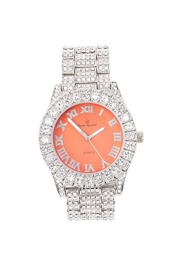 Mens Silver Big Rocks with Roman Numerals Fully Iced Out Colorful Dial Watch - ST10327 RN Single (SLV Orange New Black)
