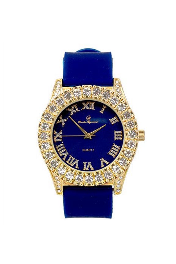 Mens Silver Big Rocks with Roman Numerals Fully Iced Out Colorful Dial Watch - ST10327 RN Single (ST10357 Gold Navy)