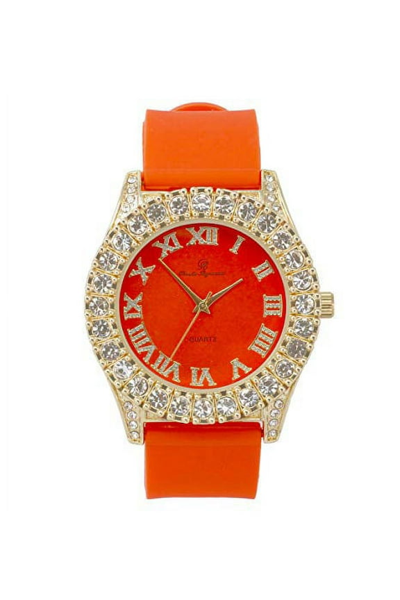 Mens Silver Big Rocks with Roman Numerals Fully Iced Out Colorful Dial Watch - ST10327 RN Single (ST10357 Gold Orange)