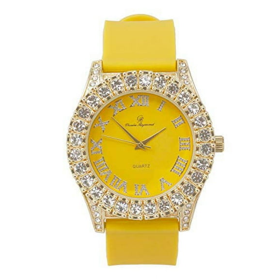 Mens Silver Big Rocks with Roman Numerals Fully Iced Out Colorful Dial Watch - ST10327 RN Single (ST10357Gd Yolo Yellow)
