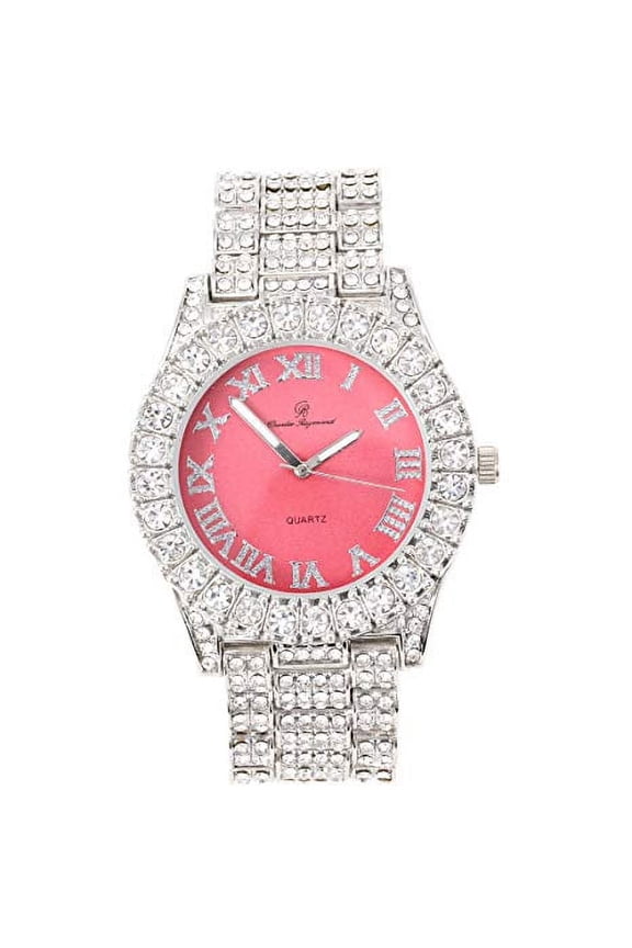 Mens Silver Big Rocks with Roman Numerals Fully Iced Out Colorful Dial Watch - ST10327 RN Single (Silver AuNoir Red)