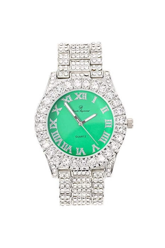 Mens Silver Big Rocks with Roman Numerals Fully Iced Out Colorful Dial Watch - ST10327 RN Single (Silver Mint Green)