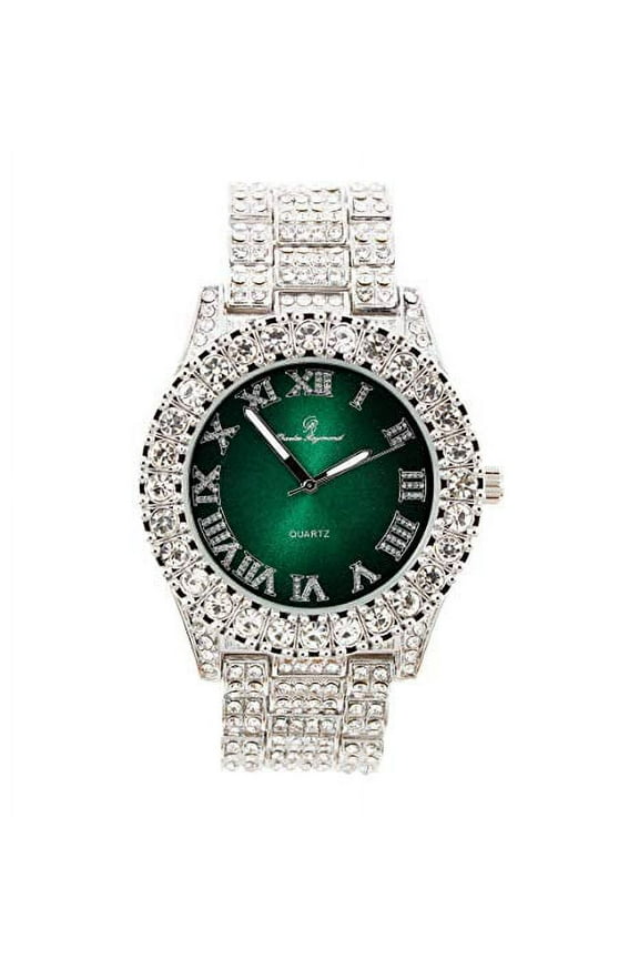 Mens Silver Big Rocks with Roman Numerals Fully Iced Out Colorful Dial Watch - ST10327 RN Single (Silver Money Green)