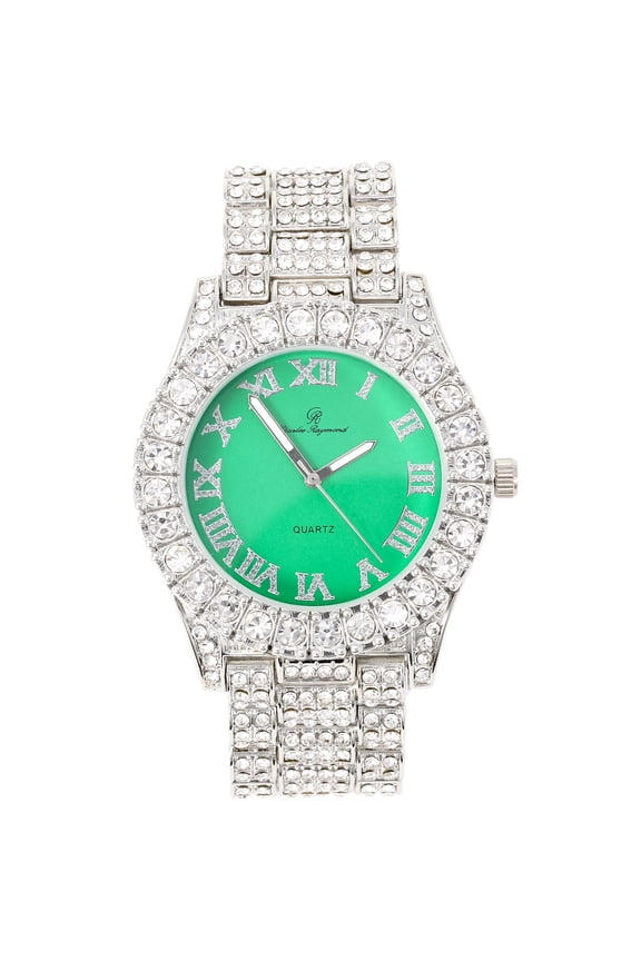 Mens Silver Big Rocks with Roman Numerals Fully Iced Out Colorful Dial Watch - ST10327 RN