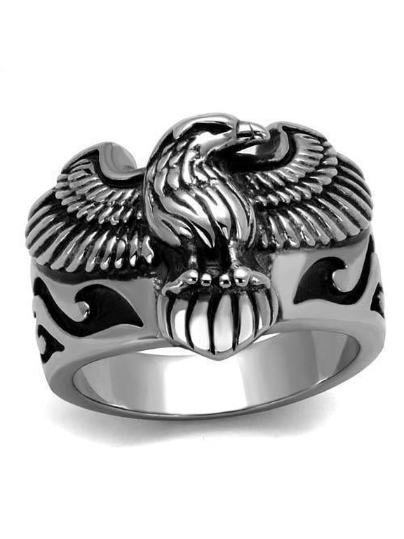 Mens Silver Eagle Ring Anillo Para Hombre 316L Stainless Steel Ring with Epoxy in Jet