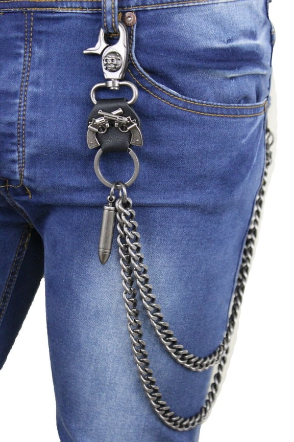 Mens Silver Metal 2 Strands Wallet Chain Key Jean Chain Skeleton Skull Clasp Gunmetal Gray