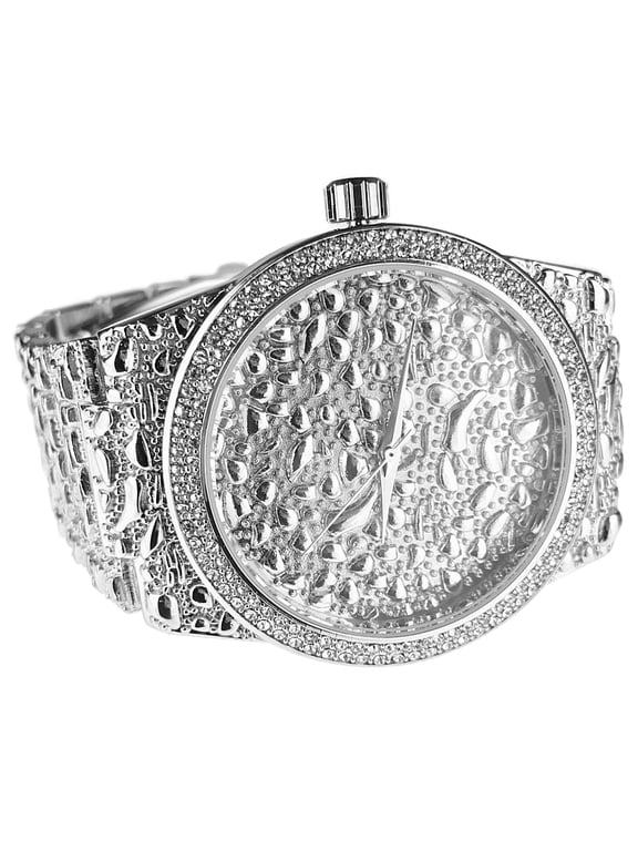 Mens Silver Nugget Design Watch Full Nuggets Links Rapper Bling Hip Hop 8" Inch