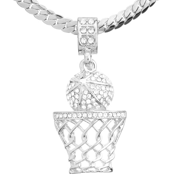 Mens Silver Plated Iced CZ Basketball Hoop Pendant 24" Miami Cuban Chain Hip Hop MCP1109S2