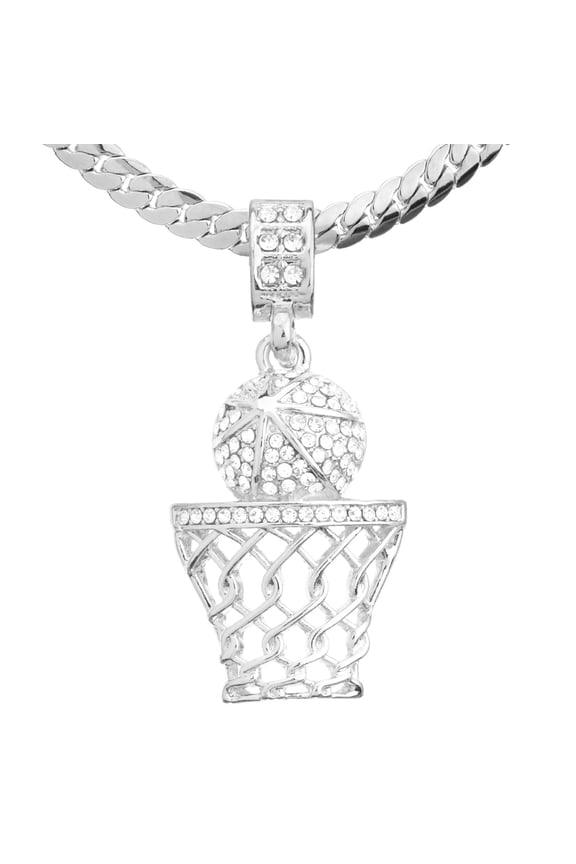 Mens Silver Plated Iced CZ Basketball Hoop Pendant 24" Miami Cuban Chain Hip Hop MCP1109S2