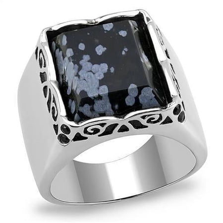 Mens Silver Rings Semi-Precious Snowflake Obsidian Stainless Steel Anillo Compromiso Regalo Para Hombre Acero Inoxidable