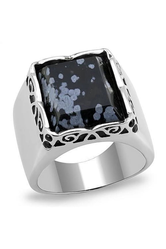 Mens Silver Rings Semi-Precious Snowflake Obsidian Stainless Steel Anillo Compromiso Regalo Para Hombre Acero Inoxidable