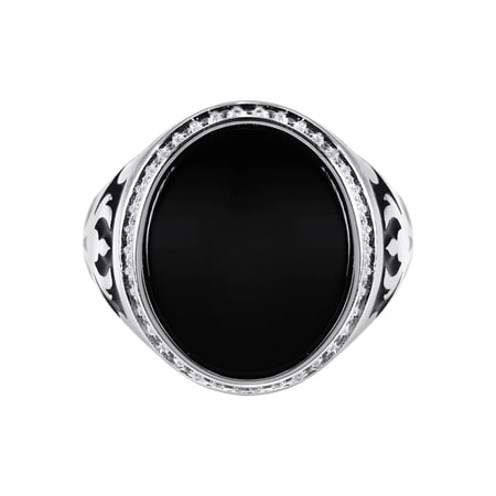 Mens Silver Round Onyx Signet Ring | Appx 7 Grams