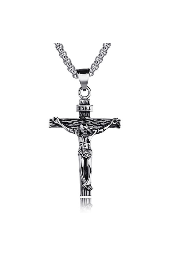 Mens Silver Stainless Steel Jesus Christ Crucifix Cross Pendant Necklace Chain