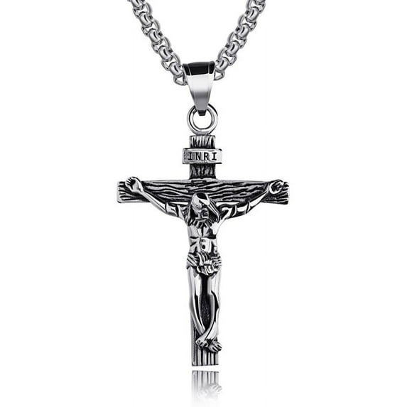 Mens Silver Stainless Steel Jesus Christ Crucifix Cross Pendant Necklace Chain