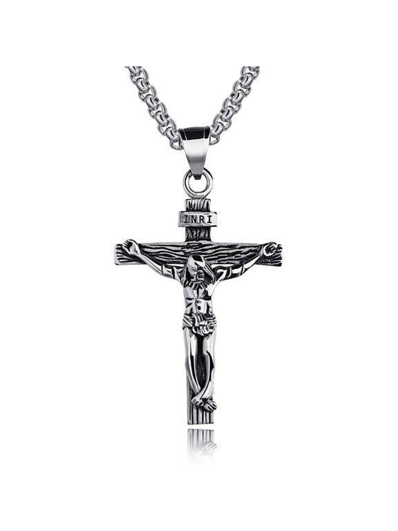Mens Silver Stainless Steel Jesus Christ Crucifix Cross Pendant Necklace Chain