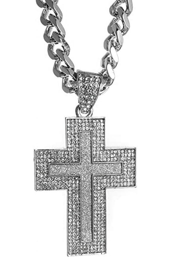 Mens Silver Tone Inlay Cross Pave Iced Out Pendant with 30" 10mm Cuban Chain Necklace HC-6009S