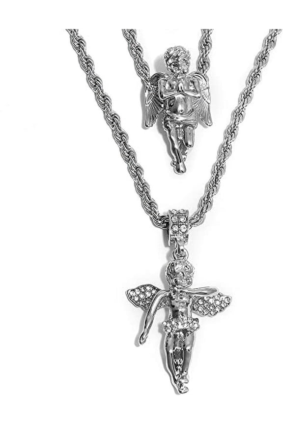 Mens Silver Tone Two Piece Iced 2 Angel Set Pendant Hip Hop 24" & 30" Rope Chain MHC-02G