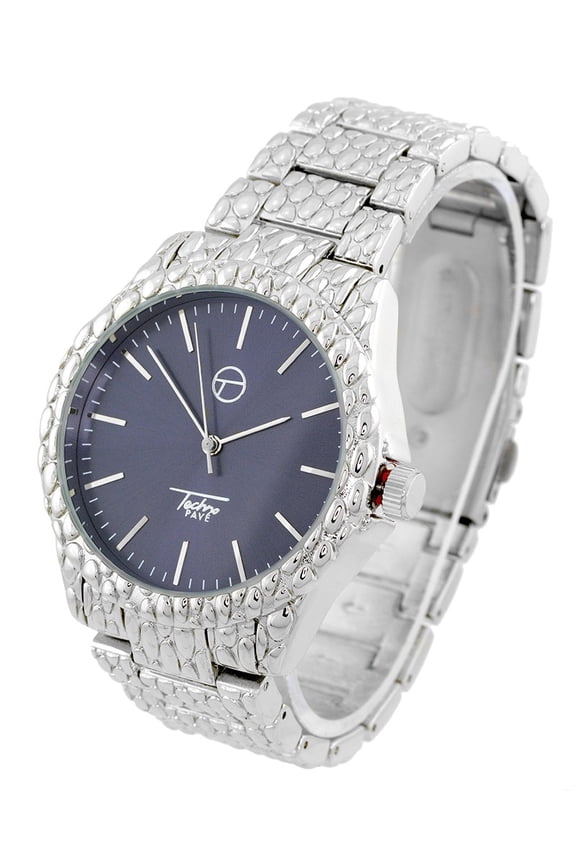 Mens Silver-tone nugget style clubbing watch 42mm 13mm thick case. Blue dial, 19mm wide silver link bracelet fits 8 inches wrists.