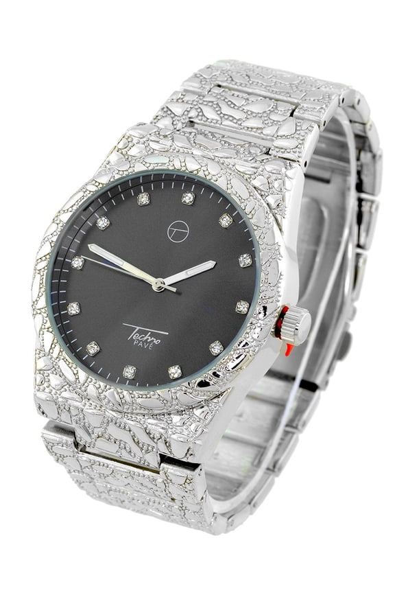 Mens Silver-tone nugget style clubbing watch 43mm 12mm thick case. Black dial, 19mm wide silver link bracelet fits 8 inches wrists.