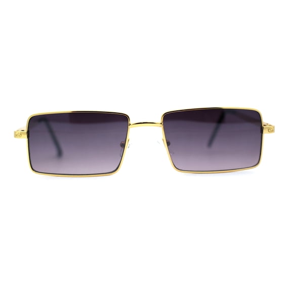 Mens Simple Classy Slim Rectangle Metal Rim Sunglasses Gold Smoke
