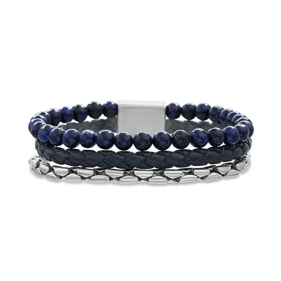 Mens Simulated Lapis and Vegan Leather Duo Bracelet Set