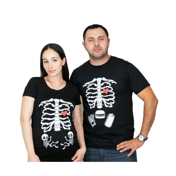 Mens Skeleton Burger Soda Halloween T-shirt Funny X-ray Ribcage Couple Tees (Mens Small)