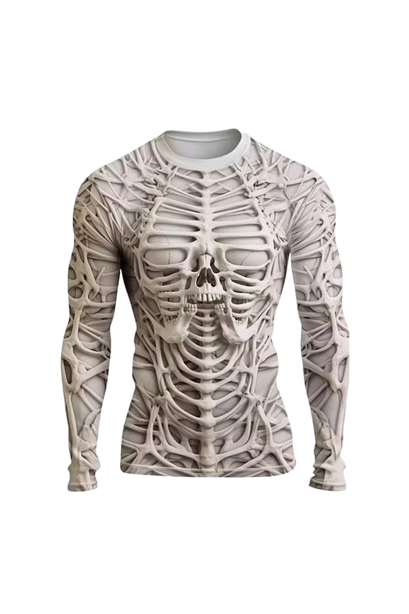 Mens Skeleton Shirt, Long Sleeve Funny Skull Rib Cage 3D Print T-Shirt for Everyday Wear