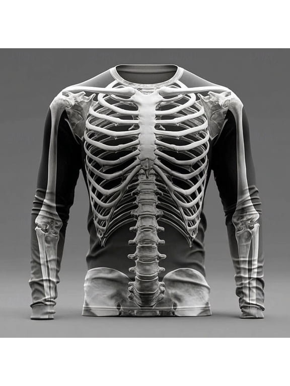 Mens Skeleton Shirt Long Sleeve Funny Skull Rib Cage 3D Print T Shirts Trendy Crew Neck Tshirt Holiday Party Tops, Black, XXL